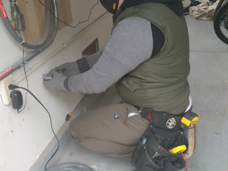 Electrician performing outlet wiring in a Brookdale garage